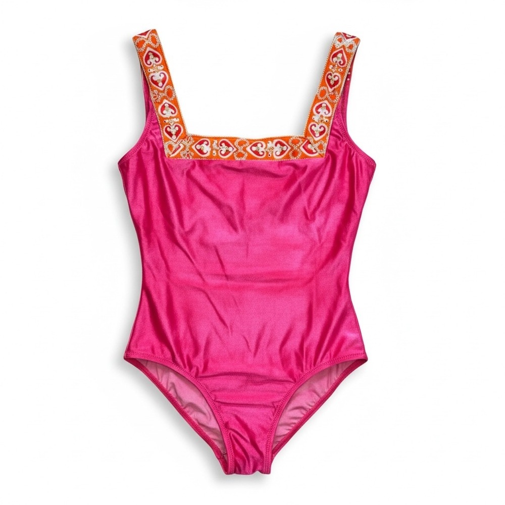 Gottex Vintage Hot Pink Orange Embroidered One Piece Swimsuit Sz 10 Made Israel